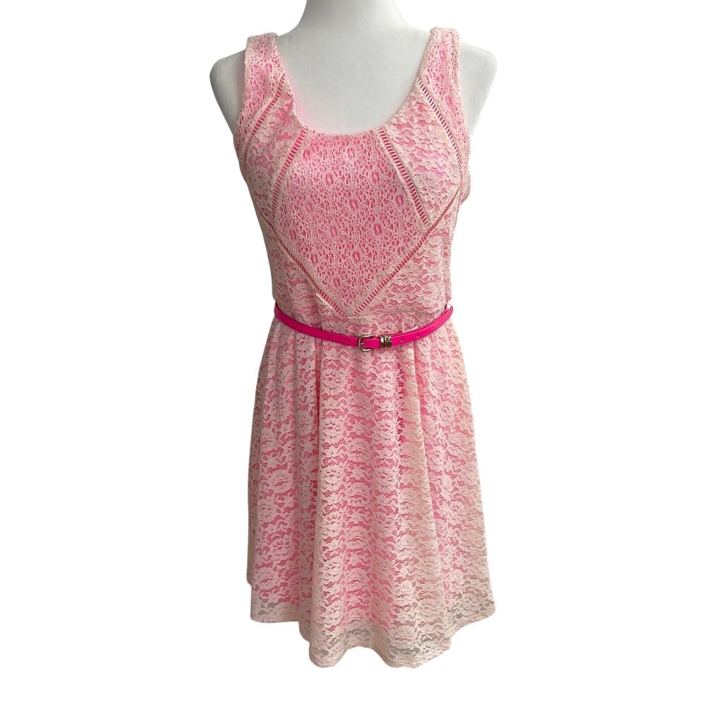 Candie’s Pink Lace Fit & Flare Dress Belted Coquette Y2K Size Large New